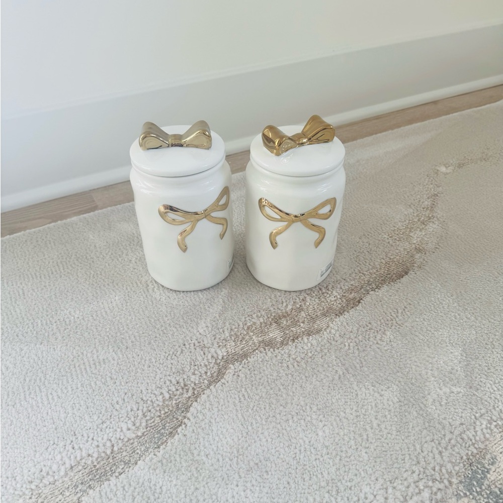 Elegant White and Gold Bow Ceramic Jar Canister Set of 2